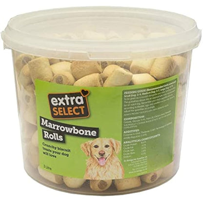 Extra Select Marrowbone Rolls Crunchy Dog Biscuits & Snacks - Marrowbone Puppy Treats & Bedtime Biscuits for Dogs - 3 Litre Resealable Tub