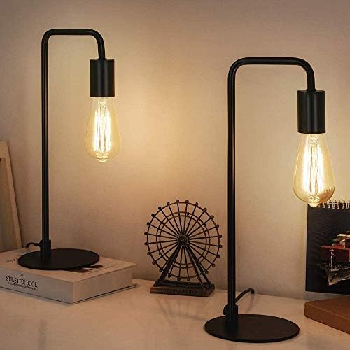 HAITRAL Vintage Industrial Bedside Lamps Set of 2 - Metal Desk Lamp with Circular Base, Nightstand Lighting for Bedroom, Office, Living Room - Black Retro Edison Style Table Lamp