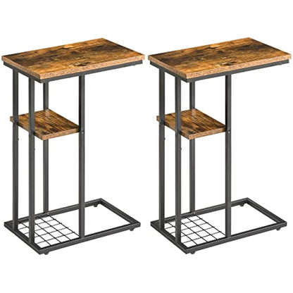 YMYNY C-Shaped End Table Set of 2, Side Table for Sofa and Bed, Coffee Table for Small Spaces, Living Room, Bedroom, Industrial Small Table with Storage Shelf and Metal Frame, Rustic Brown, HST004H-2
