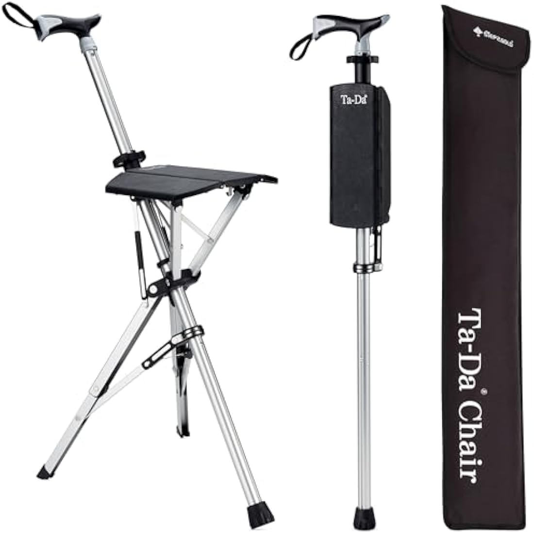 Ta-Da Chair - Walking Stick with Seat, Ultra-Light Aluminium Frame & Sturdy Foldable Stool (up to 110kg), Collapsable Folding Design, Ideal for Travel & Sightseeing