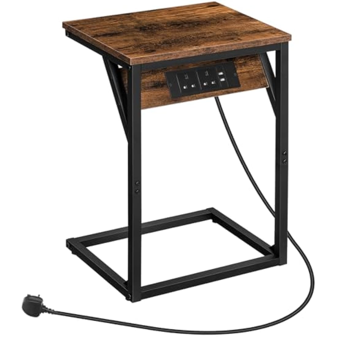 HOOBRO C Shaped Side Table, Sofa Side Table with Charging Station, 2 Plug Sockets and 2 USB Ports, Narrow Bedside Table for Small Spaces, Laptop Table for Sofa, Rustic Brown and Black EBF06KSF01