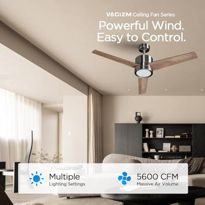 Vagizm Ceiling Fan with Light for Bedroom: 52 inch Silent Ceiling Fans with dimmable Light - Remote Control - Reversible DC Motor - Walnut - 3 Blades - Suitable for Living Room Indoor Outdoor