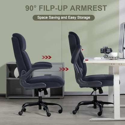 CASTLOVE Ergonomic Office Chair for Home - Computer Desk Chair with Back Support - Flip Up Armrest - High Back - Height Adjustable - Rocking Function (Fabric Office Chair Black Max 150 kg)