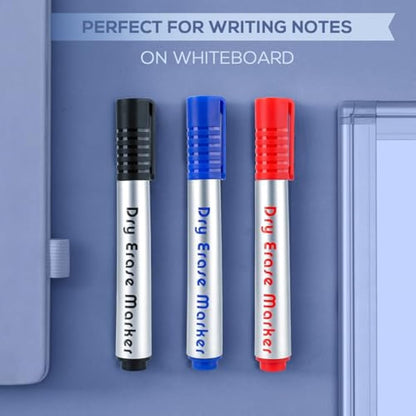 maxtek Whiteboard Pens Markers, 3 Assorted Colours Black Blue Red Dry Erase Pens, Bullet Tip White Board Markers Erasable, Dry Wipe Pens for Office, Schools, Home