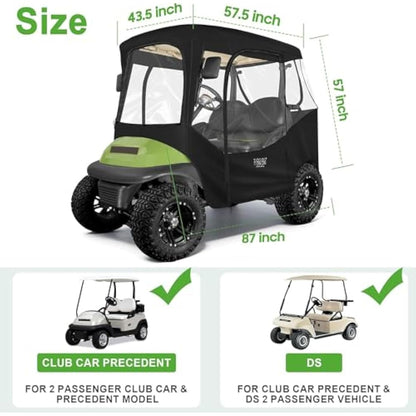 10L0L Golf Cart Enclosure for 2 Seater Club Car DS Precedent Onward and Tempo, 600D Waterproof and Windproof Golf Buggy Cover with Side Mirrors Opening Zipper 4 Side Clear Windows and Taillight Zone