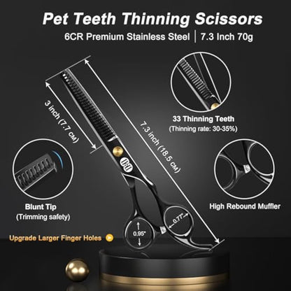 CIICII Dog Grooming Scissors Kit, 10-in-1 Professional Pet Grooming Scissors Set with Safety Round Tip (Dogs/Cat Hair Cutting Trimming Thinning Shears with Curved Scissor) for DIY Home Salon (Black)