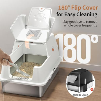 Stainless Steel Cat Litter Tray with Lip, Large Enclosed Litter Box, Cat Litter Box Tray for Medium Large Cats, Easy Clean, Odor Control, 180° Flip-Top - White