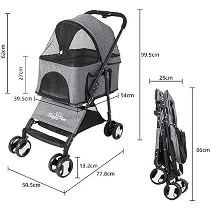 Bingopaw Pet Stroller, Foldable Dog Pram 4 Wheel Kitten Pram for Puppy and Cat with Detachable Blanket and Rain Cover as Gift Loads Up to 20KG