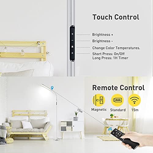 OUTON LED Floor Lamp 15W 1500LM, Dimmable Adjustable Modern Standing Lamp with 4 Color Temperature, Remote & Touch Control, 1 Hour Timer for Reading Living Room Bedroom Office Sewing (Silver Grey)