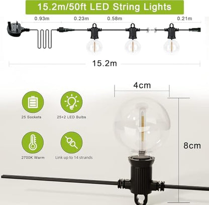 Kawaya Festoon Lights Outdoor Mains Powered LED Garden String Lights Waterproof 15M, 50FT Outside Fairy Lights with 25+2 Shatterproof Bulbs Warm White for Backyard Patio Gazebo