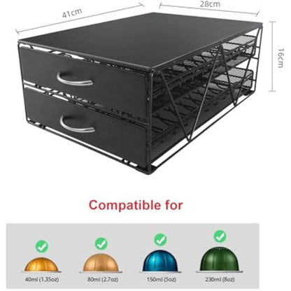 SYSYLY Coffee Pod Holder,2-Tier Coffee Pod Drawer Compatible For Dolce Gusto,Nespreso Vertuoline Pods,Max. Capacity 80 - Coffee Machine Stand - Non-Slip,Pods Dispenser,Metal Drawer.