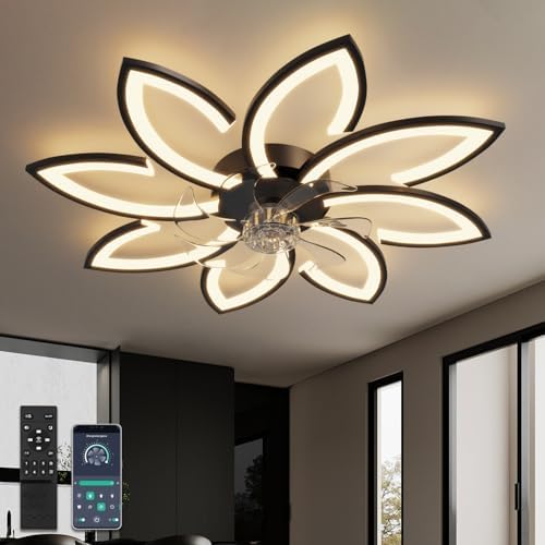 YUNLONG 35.4" Ceiling Fans with Lights and Remote Led Living Room Dimmable Ceiling Lights DC Motor Ceiling Fans with Lamps Reversible 6-Speed Lighting Fan Chandelier for Bedroom Lounge Hall,Black