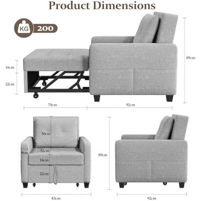 Vesgantti 3 in 1 Sofa Bed Light Grey, Convertible Sleeper Chair Bed with Adjustable Backrest, Fabric Single Sofa Bed Chair with Side Pockets, Foldable Sofa Bed, Pull Out Sofa Bed for Living Room
