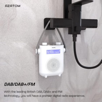 DAB/DAB+ & FM Digital Shower Radio | Bluetooth | IPX5 Waterproof Technology | Rechargeable Battery | Perfect for Home, Bathroom or Outdoors | AZATOM Pearl (White)