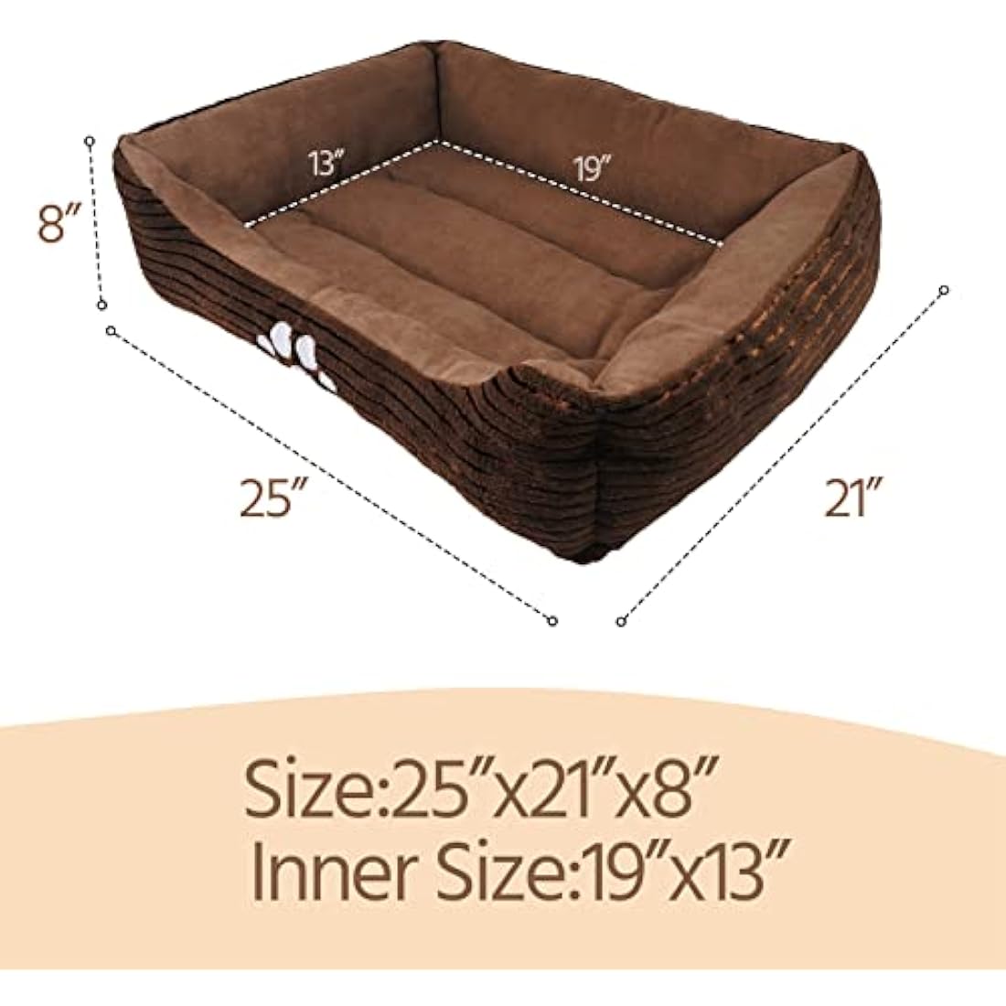 long rich HCT REC-005 Reversible Rectangle Pet Bed with Dog Paw Printing, Coffee, By Happycare Textiles, 25 by 21 inches