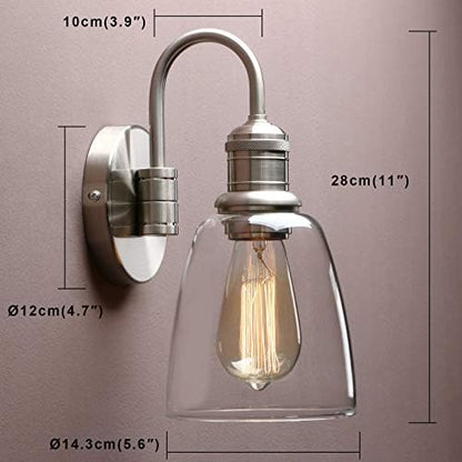 Yosoan Lighting Modern Vintage Industrial Bell Sconce Wall Light Fitting with 5.6” Clear Glass Lampshade, for Office Home Kitchen Living Room Bedroom Loft Bar (Brushed)