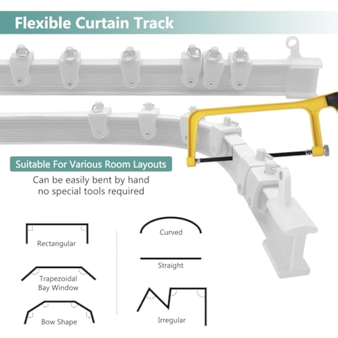 Bendable Ceiling Curtain Track for Bay Window, 20FT/6M Flexible Curved Curtain Rail Ceiling Wall Mount Heavy Duty Plastic Curtain Rails Track System for Bed Room Divider, White