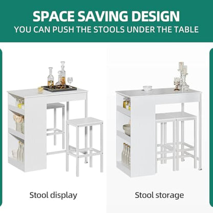 YITAHOME Breakfast Bar Table, Bar Table Set with Bar Stools, 2, Bar Table and Stools Set Dining Bar Tables Footrest and Storage Shelf for Kitchen Dining Room Pub Industrial Steel Frame(White)