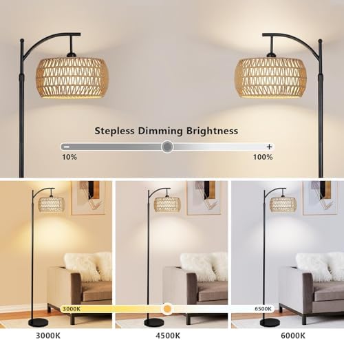 Rayofly Arc Floor Lamp for Living Room, Dimmable Floor Lamps with Remote Control, Boho Standing Lamp with Rattan & Linen Double Shades, Black Reading Tall Lamp for Bedroom Office, 9W LED Bulb Included