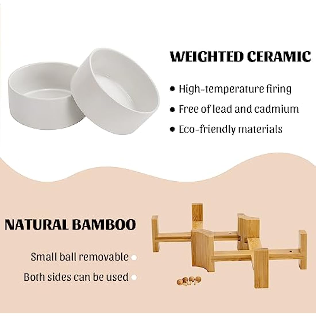 SPUNKYJUNKY 15° Slanted Ceramic Dog and Cat Bowl with Wooden Stand, Tilted Bulldog Food and Water Bowl No Slip Non-Spill for Cats Medium Dogs Flat Face Pets (850ml, White × 2)