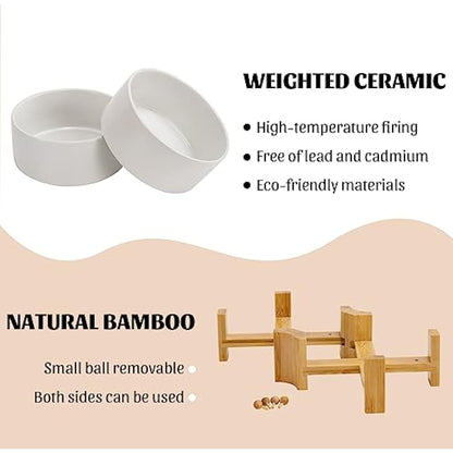 SPUNKYJUNKY 15° Slanted Ceramic Dog and Cat Bowl with Wooden Stand, Tilted Bulldog Food and Water Bowl No Slip Non-Spill for Cats Medium Dogs Flat Face Pets (850ml, White × 2)