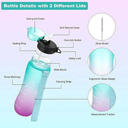 OLDLEY 750ml/25oz Water Bottles with Straw BPA Free Tritan Water Bottles for Gym School Sports Travel Leakproof Time Markings Durable Drink Bottles for Adult Kids Women Men(Green Purple, 1 Lid)