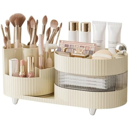 DASITON Makeup Organiser, 360° Rotating Makeup Brush Holder, Large Capacity Cosmetic Display Case Dressing Table Organiser, Makeup and Skincare Storage Organiser for Vanity, Bathroom, Desk (Cream 02)