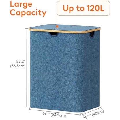 Lifewit 120L Laundry Basket with Lid, Clothes Hampers for Laundry with Bamboo Handles and A Removable Laundry Bag, Large Foldable Laundry Hamper for Bedroom, Bathroom, Dorm, Laundry Room, Dark blue