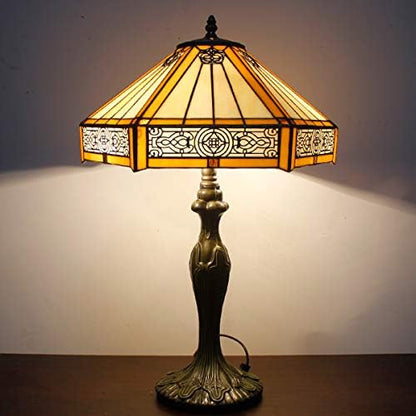 Tiffany Lamp Yellow Hexagon Stained Glass Mission Style End Coffee Table Lamps Bookcase Reading Lighting Lampshade Antique Base W16 H24 Inch Living Room Bedroom Bedside Desk S011 WERFACTORY