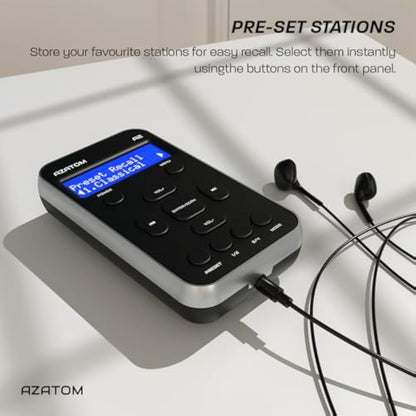 Portable DAB/DAB+ & FM Digital Radio | Sports Earphones Included | Clear Digital Display | Rechargeable Battery (10-12 Hours) | Perfect for Sports, Hiking or Working | AZATOM A2 (Silver/Black)
