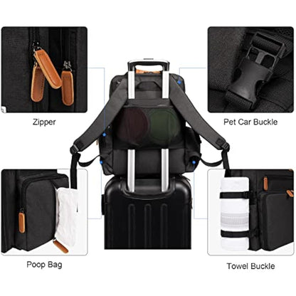 Modoker Dog Travel Bag, Airline Approved Backpack for Pet Accessories Organizer, Tote Weekend Bag with 2 Dog Food Storage Containers, 2 Collapsible Dog Bowls, 1 Pet Mat, Black