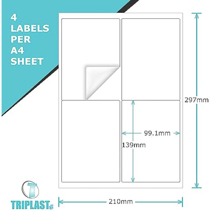 Triplast 50 x Multipurpose A4 Label Sheets - 4 Labels Per Sheet (99 139mm Each) Easy Peel White for Inkjet & Laser Printer Address Labels, Shipping File DIY Stickers, (TPA4L0040050)