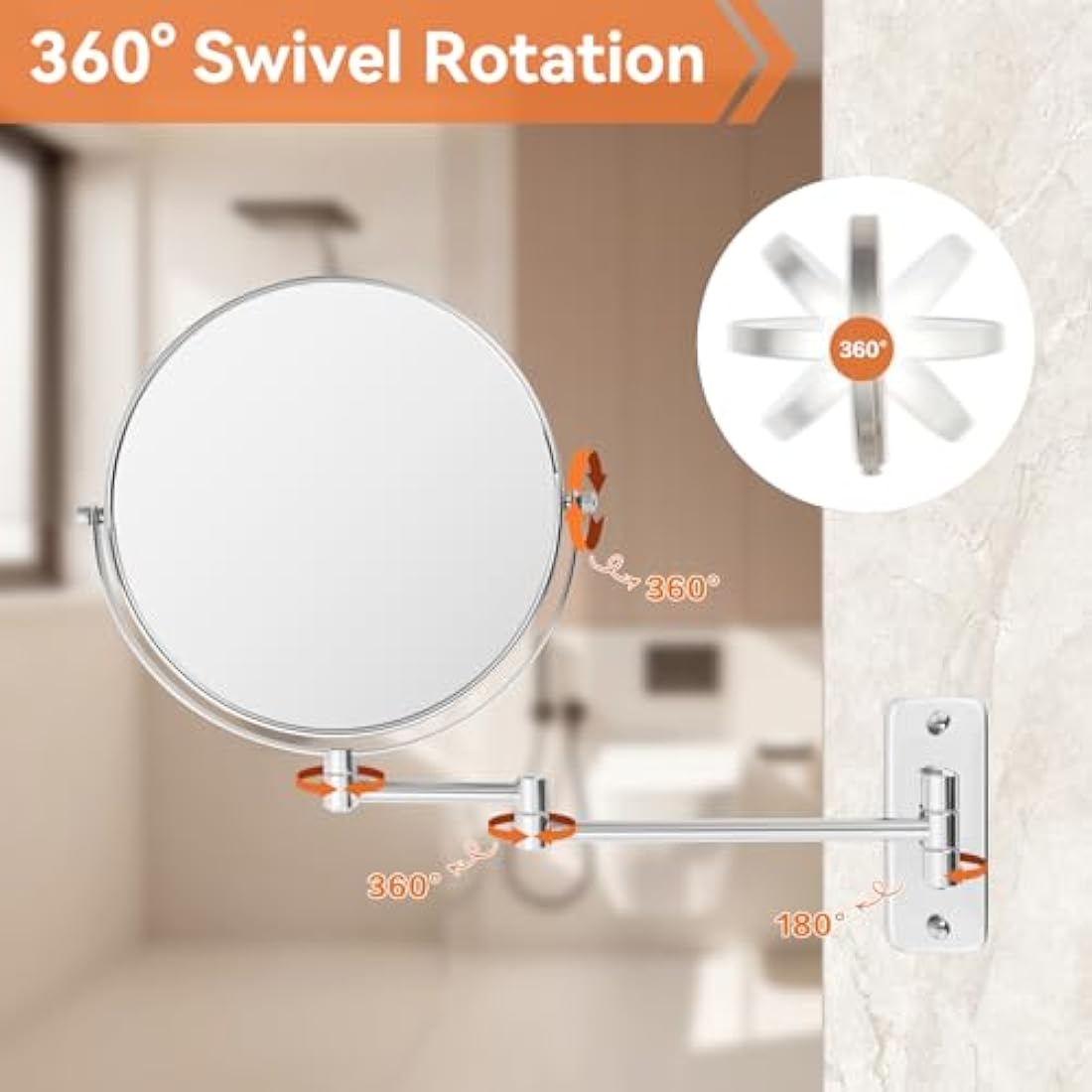 AumVum 8 Inch Bathroom Shaving mirrors wall mounted, 1X/10X Magnification Wall Mount Adjustable Makeup & Shaving Mirror, 360° Swivel Dual-Sided Design (Chrome Plated-No Light)