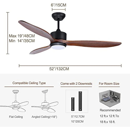 Ovlaim 132cm Wood Ceiling Fan with LED Lights and Remote Control, Quiet DC Motor Fans with 3 Wood Blades for Home Bedroom Living Room Patio, IP44 Waterproof