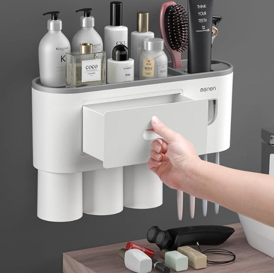 Wall Mounted Toothbrush Holder with 3 Cups, Automatic Toothpaste Dispenser Bathroom Shelf with Drawers, Wall Sticky Storage Organiser Bathroom