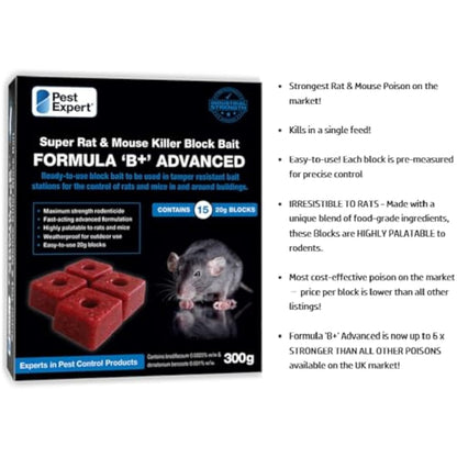 Pest Expert Rat/Mouse Killer Poison Bait Blocks (300g - 15 Blocks) Single Feed Fast-Acting Rat Poisoning Super Strength for Indoor/Outdoor Use & Heavy-Duty Rat Bait Box Station for Safe Control