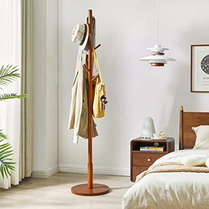 IBUYKE Free Standing Hall Coat Tree with 8 Hooks, Stand Tree Rack with Round Base, Entryway Coat Stand for Purses, Clothes, Scarves, for Hallway, Bedroom, Living Room, Brown WD-113