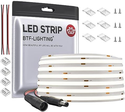 BTF-LIGHTING FCOB COB LED Strip Natural White 4000K Flexible High Density Uniform Light Dimmable LED Strip CRI90+ 10M 336LEDs DC24V 8W/m 8mm Bendable FOB LED Ribbon for DIY Indoor Lighting Project