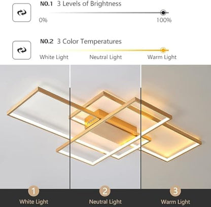 JIINOO Dimmable Ceiling Light 50W,3 Square Gold LED Ceiling Light with Remote Control 3 Colors,Modern LED Chandelier Flush Mount Ceiling Lamp Fixtures for Living Dining Room Bedroom Kitchen Office