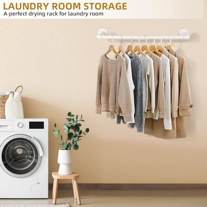 Yawinhe Industrial Pipe Clothes Rack, 80cm Wall Mounted Clothes Rail, Heavy Duty Detachable Wardrobe Rail for Laundry, Living Room, White, 2 Pack
