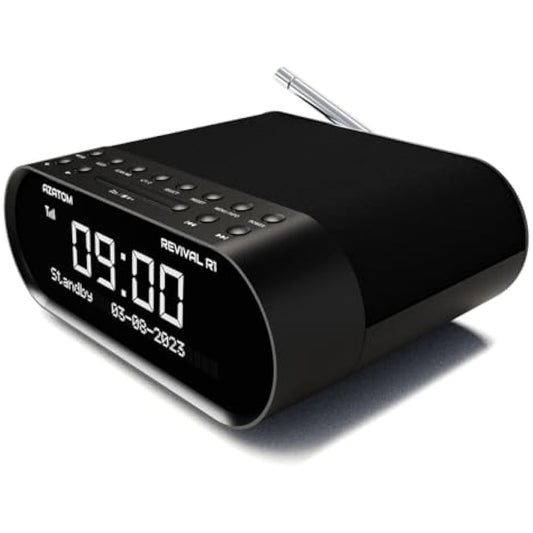 DAB/DAB+ & FM Bedside Digital Radio | Dual Alarms & Sleep Timer | USB Device Charging | Mains Powered | Bluetooth | Perfect for the Bedroom | AZATOM Revival R1 (Black)