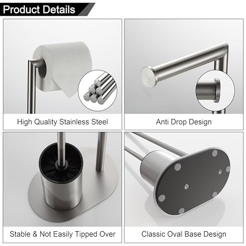 BVL Toilet Roll Holder with Toilet Brush Brushed, Stainless Steel Free Standing Toilet Brush, Toilet Brush and Toilet Paper Holder