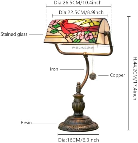 Blivuself Northern Cardinal Bird Tiffany Bankers Desk Lamp Stained Glass Table Lamp Vintage Bedroom Bedside Office Study Pull Chain Reading Desk Light Gift Nightstand Aesthetic Antique Desklamp