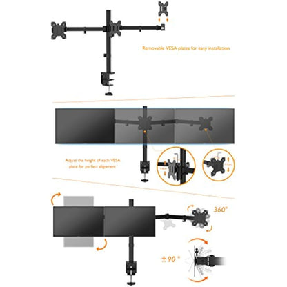 BONTEC Triple Monitor Stand for 3 Monitors 13-24 inch, Triple Arm Desk Mount for LCD LED Computer Screens Up to 10kg, VESA 75x75/100x100 with 2 Installation methods