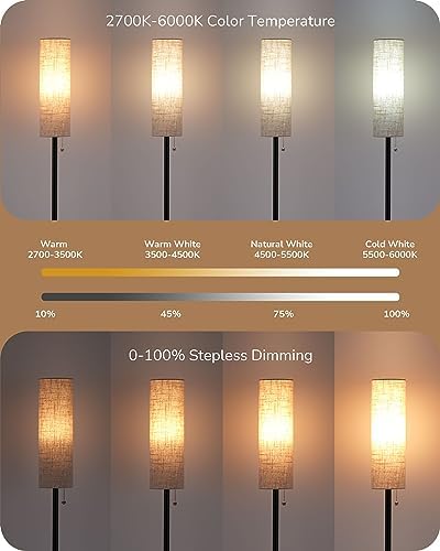 EDISHINE Floor Lamp, Standing Lamp with Rounded Linen Lampshade, Floor Lamps for Living Room, Bedroom, 165cm, E27 Socket(9W LED Dimmable Bulb Included), Magnetic Remote Control, Black