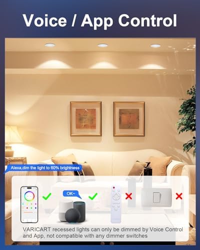 VARICART Smart LED Downlights for Ceiling Alexa, 10W Bluetooth RGB Colour Changing Spot Lights, Dimmable Recessed Ceiling Lights Daylight White 5000K, APP Control for Living Room Bedroom, 6 Pcs