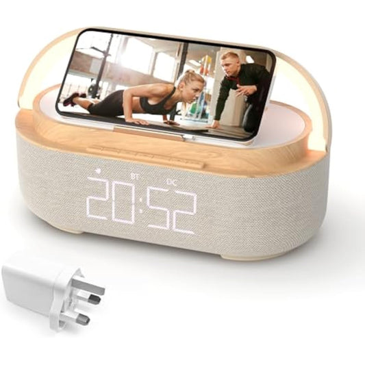 COLSUR Radio Alarm Clock Bluetooth Speaker, 15W Wireless Charger Alarm Clocks Bedside, Night Light, Loud Volume for Heavy Sleepers, Snooze, Dimmable LED Display, 2500mAh Battery