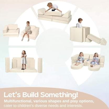 MeMoreCool 10-Pieces Kids Play Sofa Bed, Modular Toddler Chair Couch for Playroom, Fold Out Foam Couch for Girls Boys, Convertible Children Sectional Playset, Beige