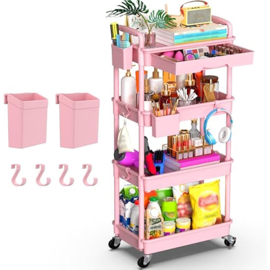 Yeabett 4 Tier Craft Trolley, Storage Trolley On Wheels Utility Cart With Drawer For Kitchen, Bathroom, Office, Living Room, Pink