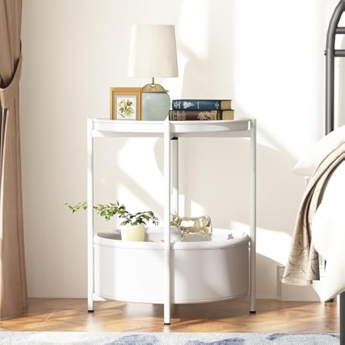 Side Table, Round End Table with Fabric Basket, Small Bedside Table, Nightstand Sofa Table for Living Room, Bedroom, Bathroom, Balcony, Modern Style (White)